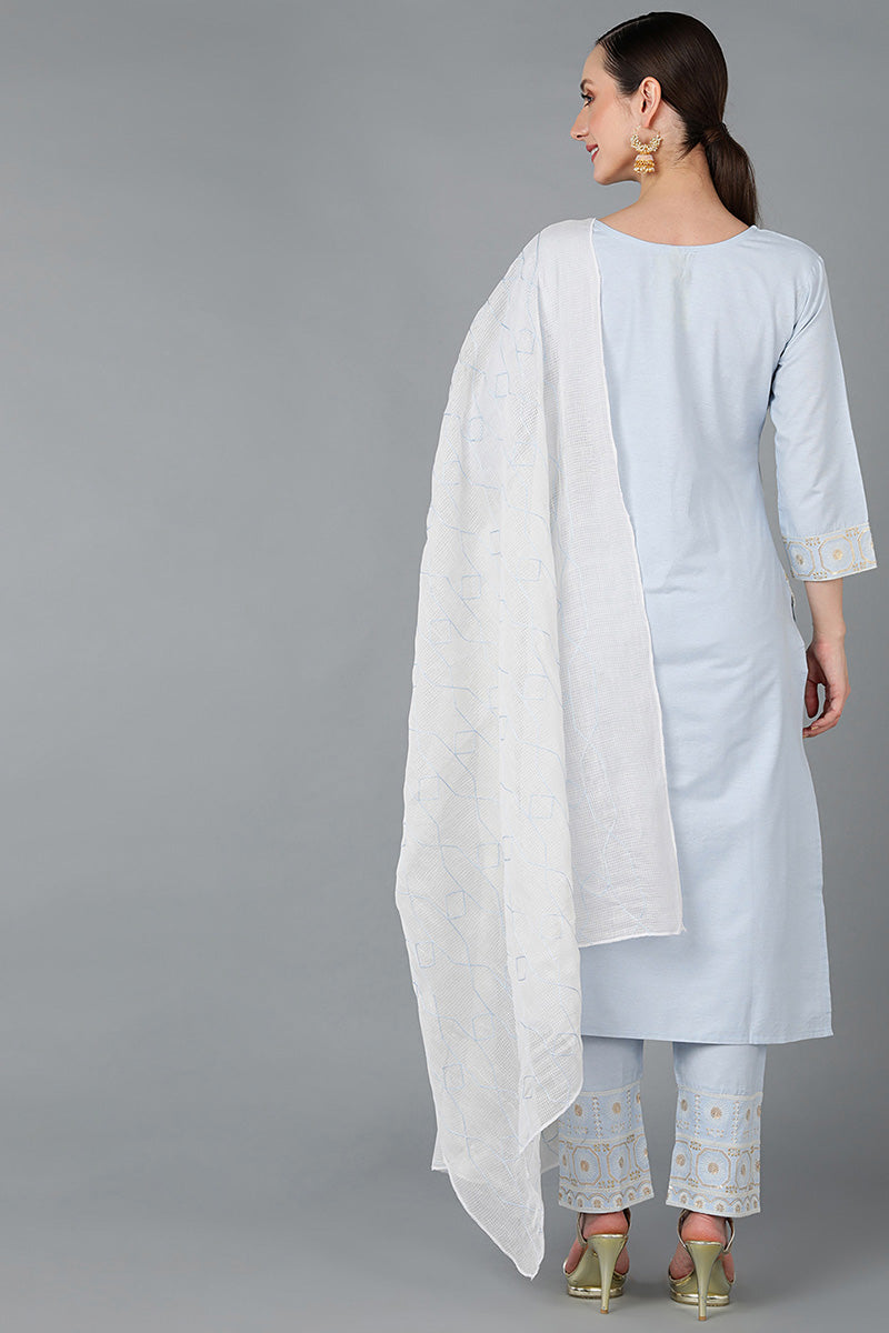Ahika Women Blue Pure Cotton Embroidered Kurta Set