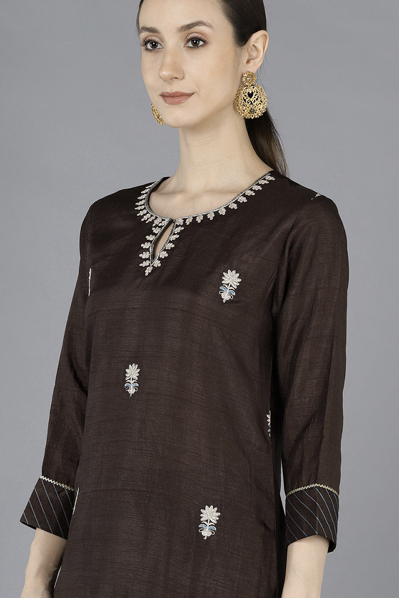 Ahika Women Grey Silk Blend Embroidered