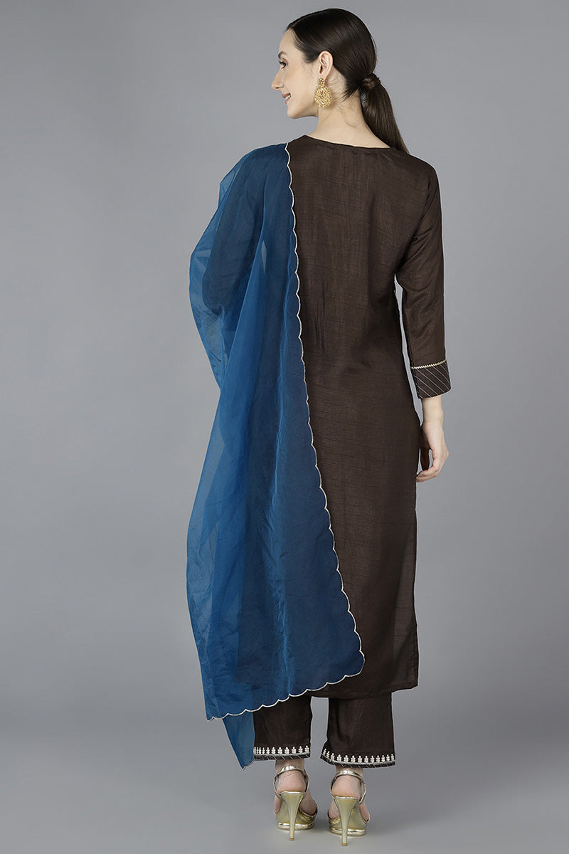 Ahika Women Grey Silk Blend Embroidered