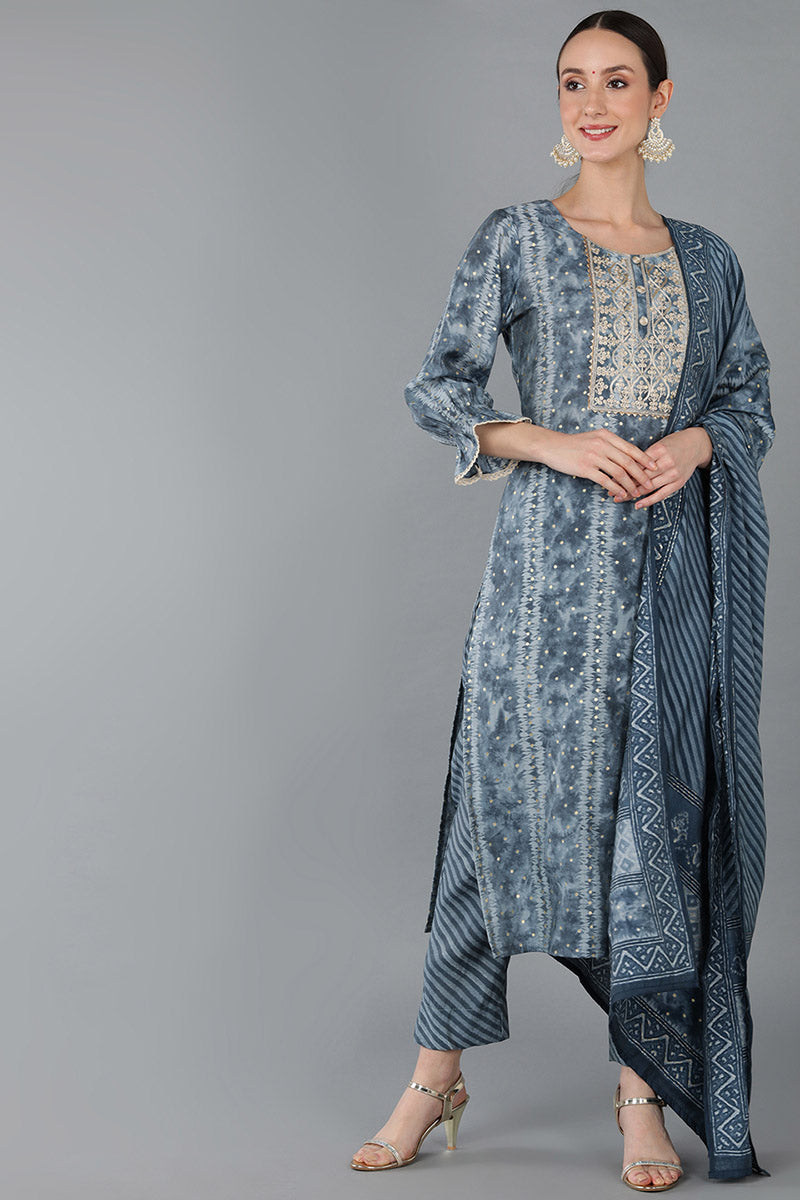 Charcoal Silk Blend Ethnic Motifs Straight Kurta Trousers With Dupatta
