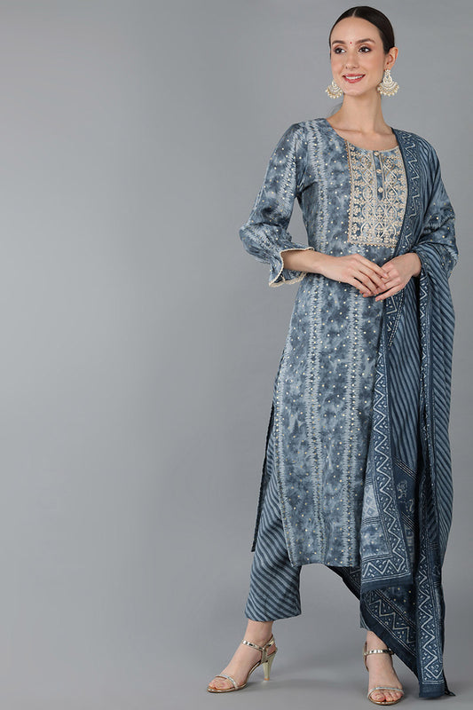 Charcoal Silk Blend Ethnic Motifs Straight Kurta Trousers With Dupatta