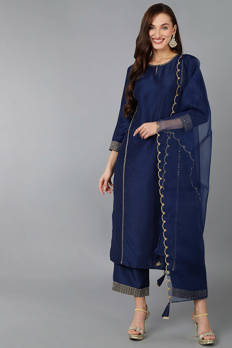 Navy Blue Silk Blend Solid Straight Kurta Trousers With Dupatta PKSKD1704