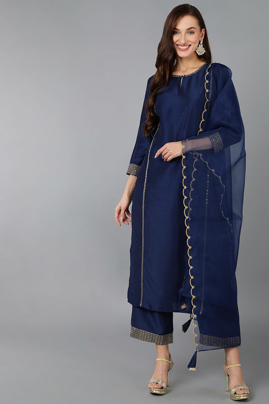 Navy Blue Silk Blend Solid Straight Kurta Trousers With Dupatta PKSKD1704