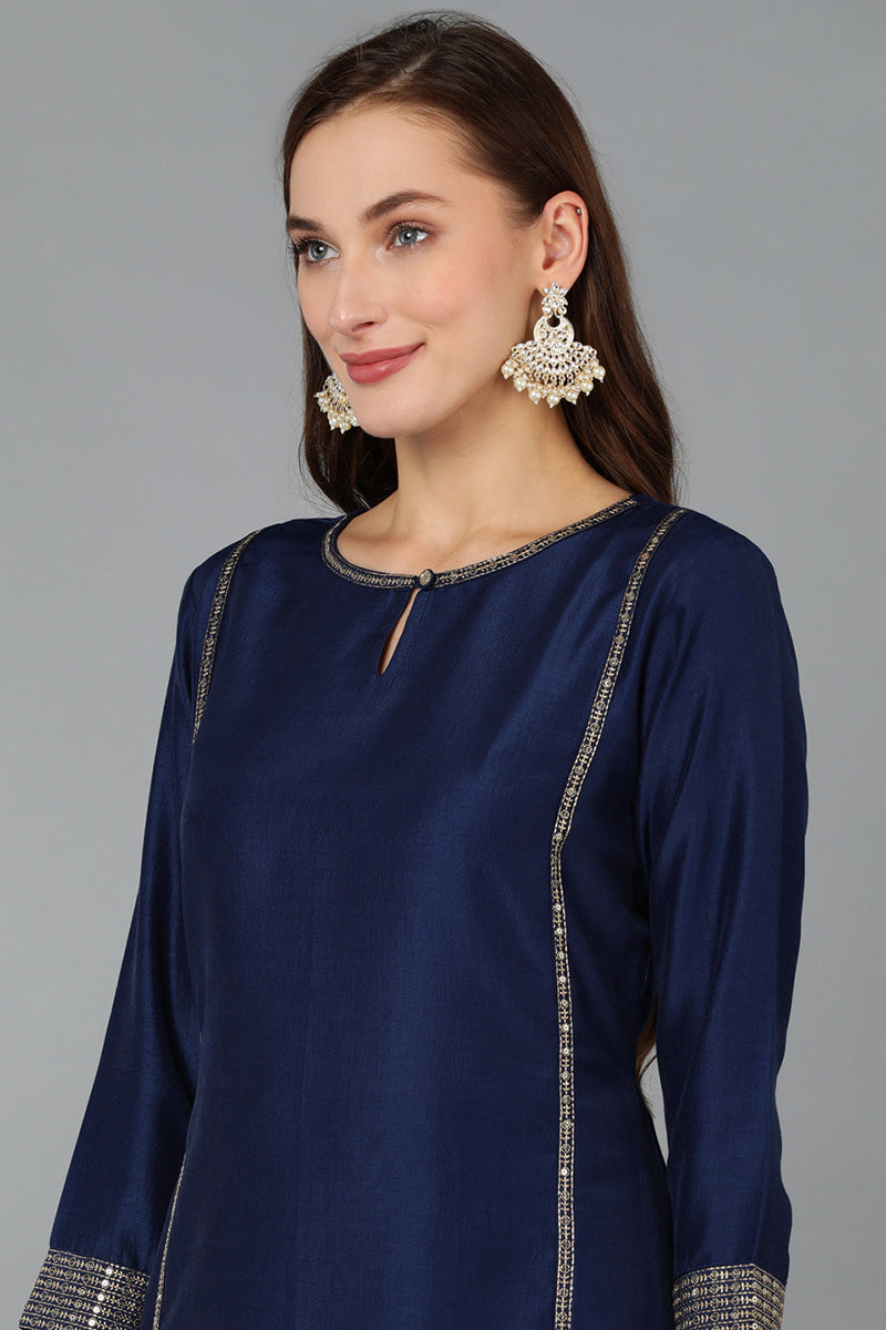 Navy Blue Silk Blend Solid Straight Kurta Trousers With Dupatta PKSKD1704