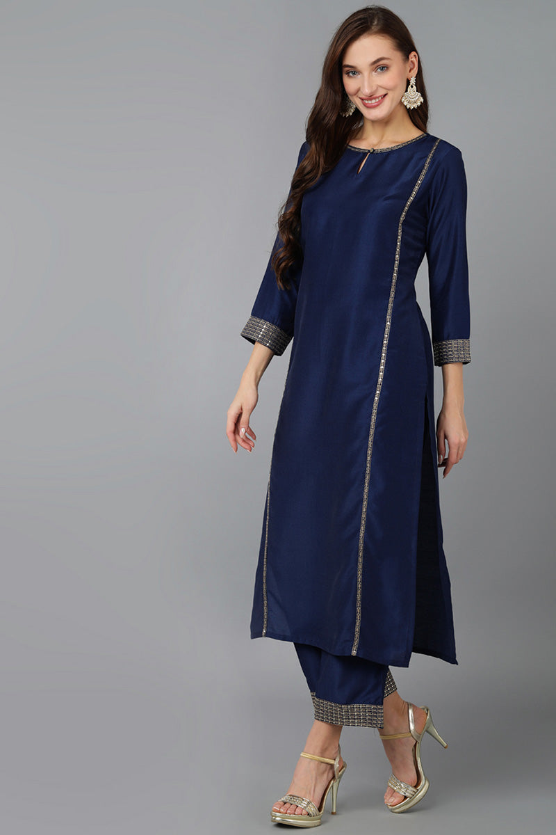 Navy Blue Silk Blend Solid Straight Kurta Trousers With Dupatta PKSKD1704