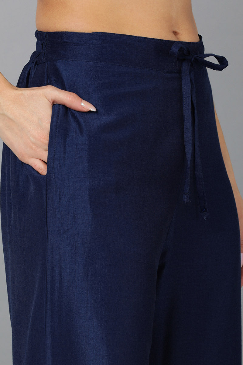 Navy Blue Silk Blend Solid Straight Kurta Trousers With Dupatta PKSKD1704