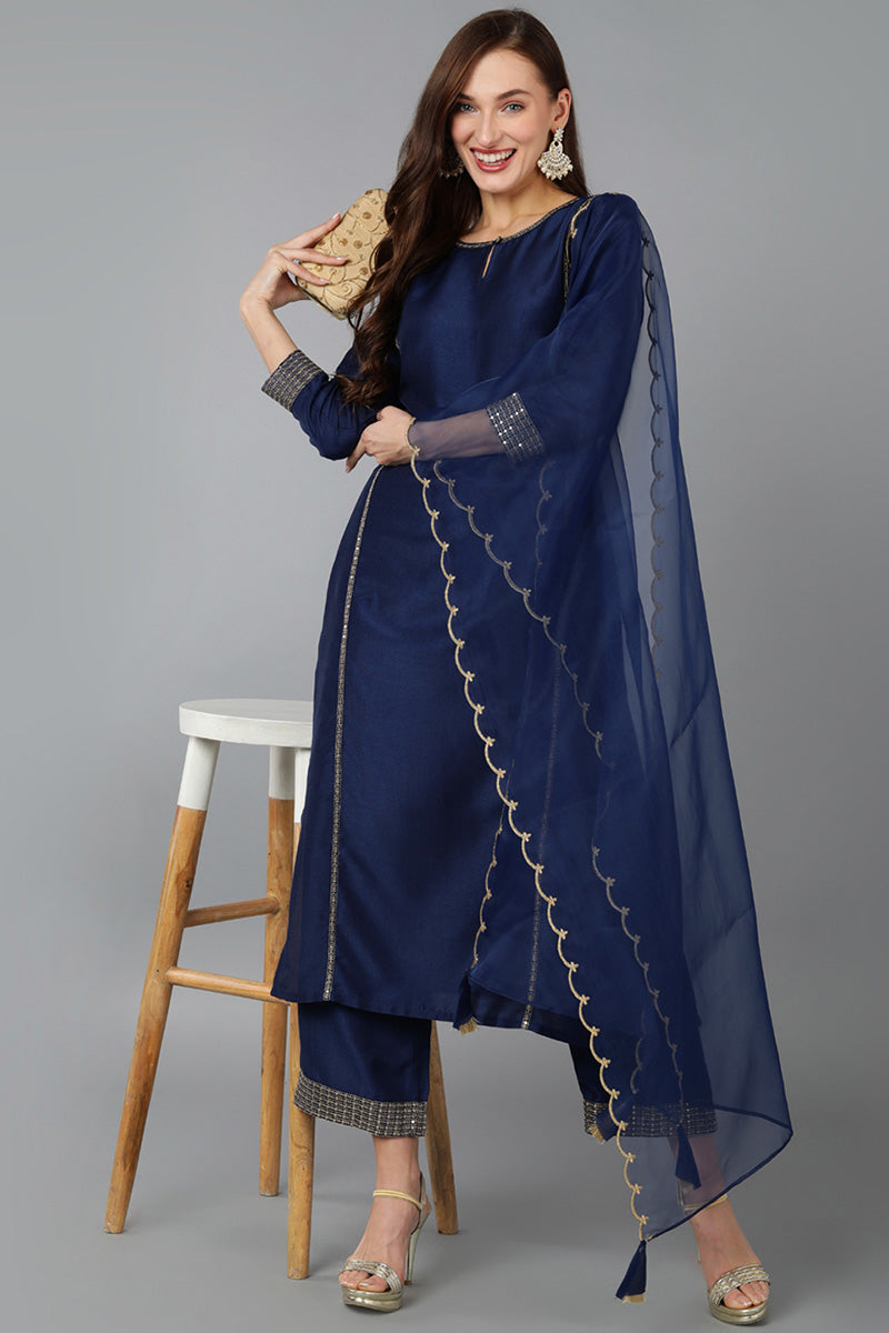 Navy Blue Silk Blend Solid Straight Kurta Trousers With Dupatta PKSKD1704
