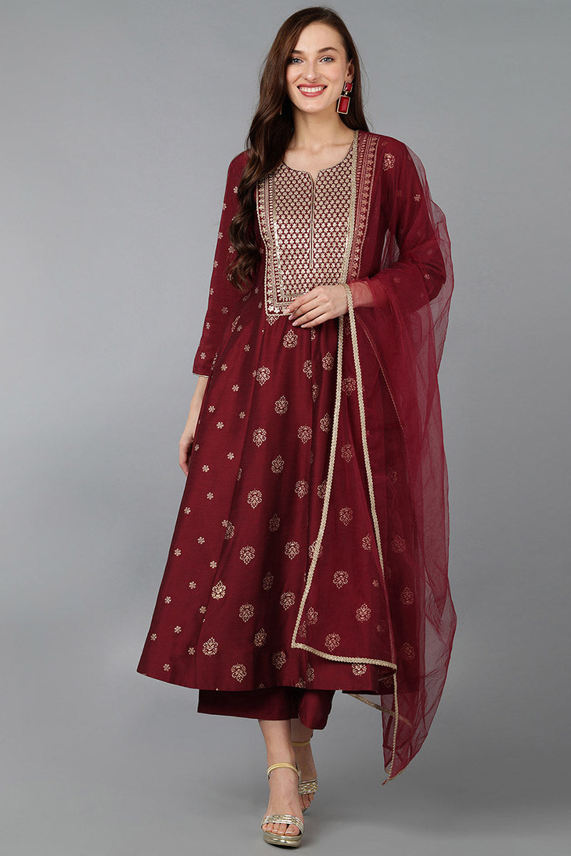 Maroon Silk Blend Woven Design Anarkali Suit Set PKSKD1708