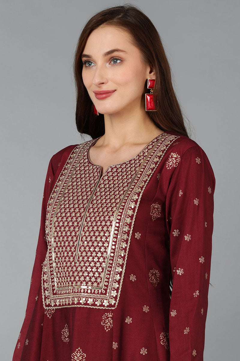 Maroon Silk Blend Woven Design Anarkali Suit Set PKSKD1708