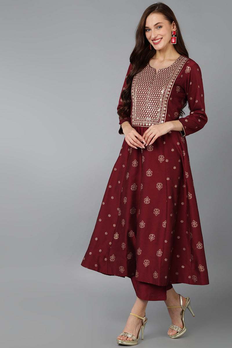 Maroon Silk Blend Woven Design Anarkali Suit Set PKSKD1708