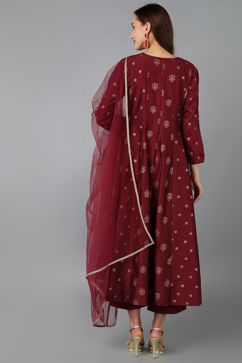 Maroon Silk Blend Woven Design Anarkali Suit Set PKSKD1708