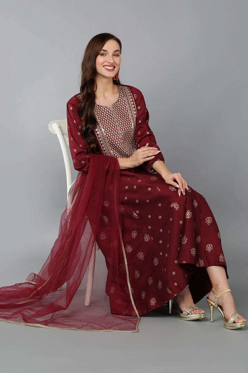 Maroon Silk Blend Woven Design Anarkali Suit Set PKSKD1708