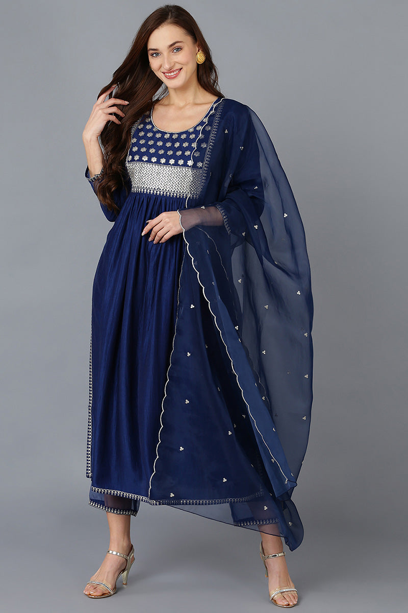 Royal Blue Solid Anarkali Pant Suit