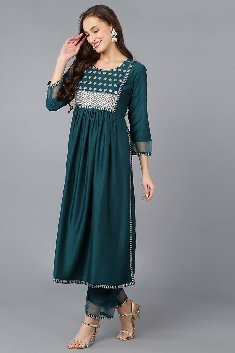 Teal Silk Blend Solid A-Line Kurta Trousers With Dupatta PKSKD1720