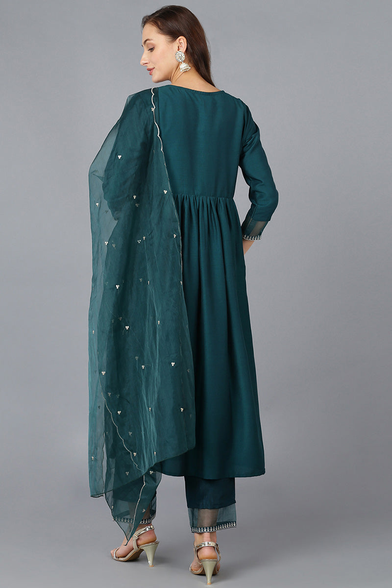 Teal Silk Blend Solid A-Line Kurta Trousers With Dupatta PKSKD1720