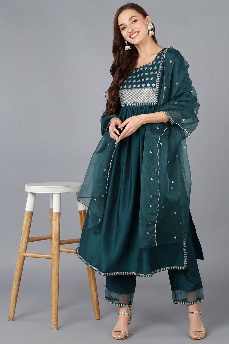 Teal Silk Blend Solid A-Line Kurta Trousers With Dupatta PKSKD1720