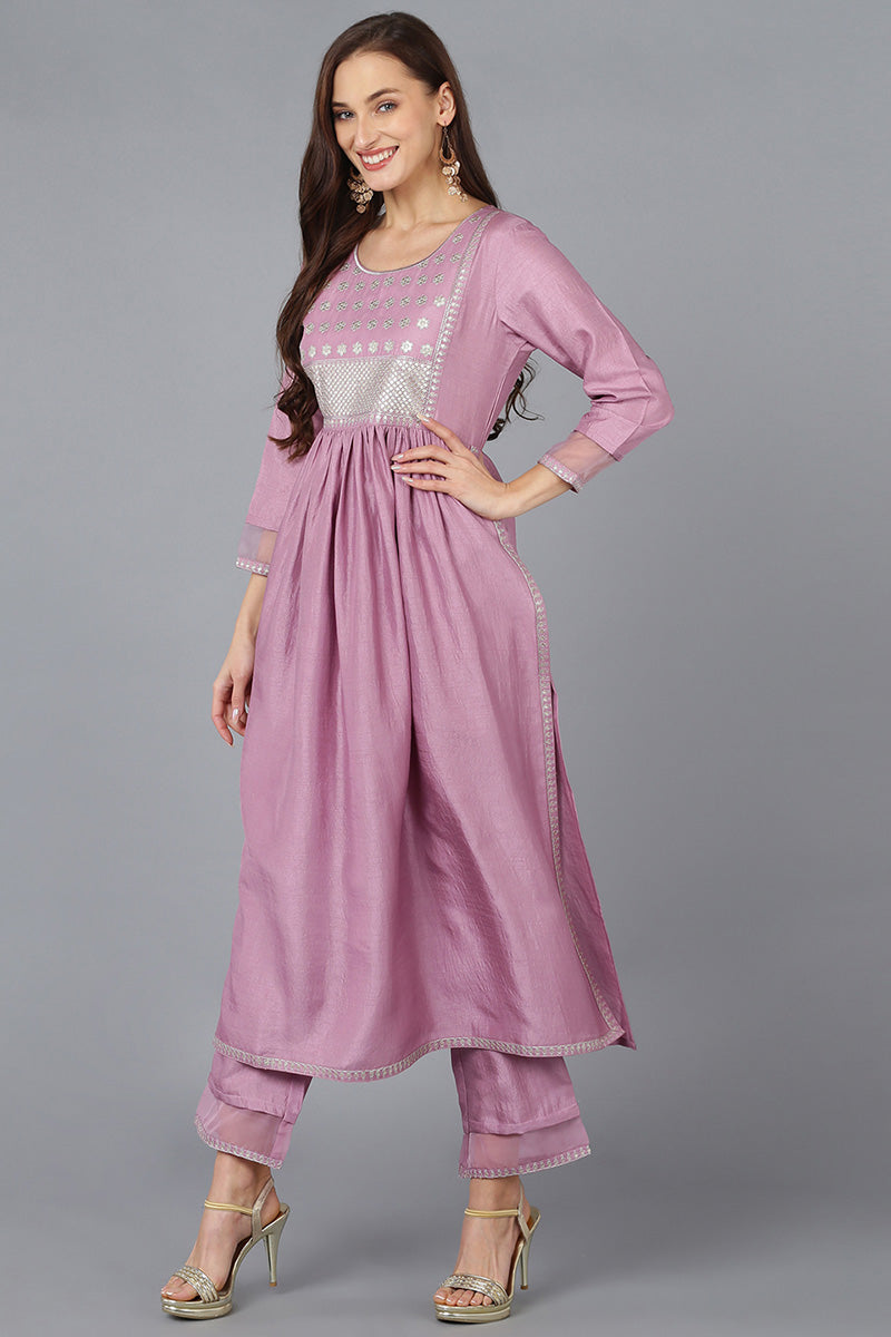 Lavender Silk Blend Solid Straight Kurta Trousers With Dupatta PKSKD1722