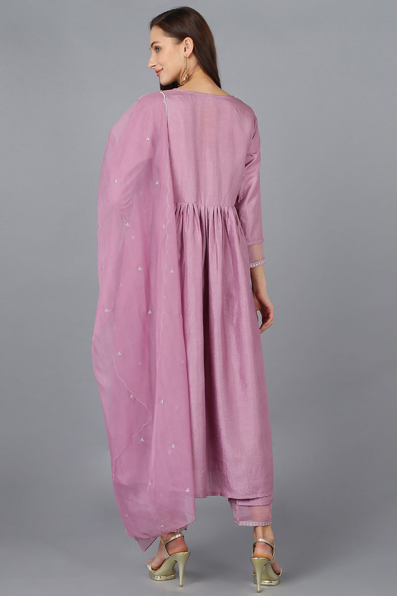 Lavender Silk Blend Solid Straight Kurta Trousers With Dupatta PKSKD1722