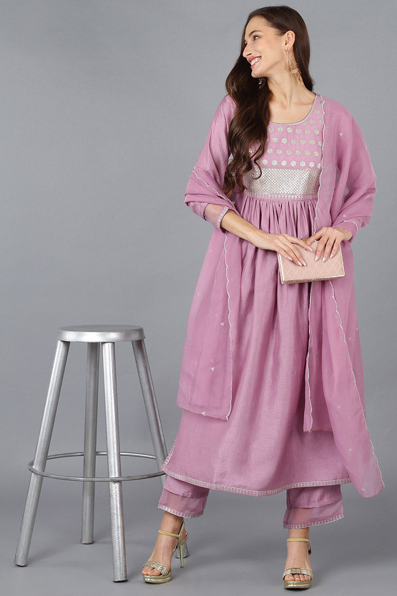 Lavender Silk Blend Solid Straight Kurta Trousers With Dupatta PKSKD1722