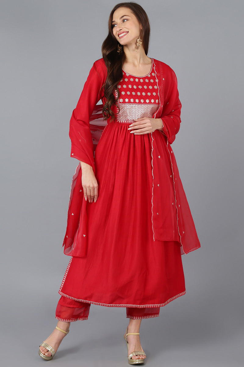 Red Silk Blend Solid Straight Kurta Trousers With Dupatta PKSKD1724