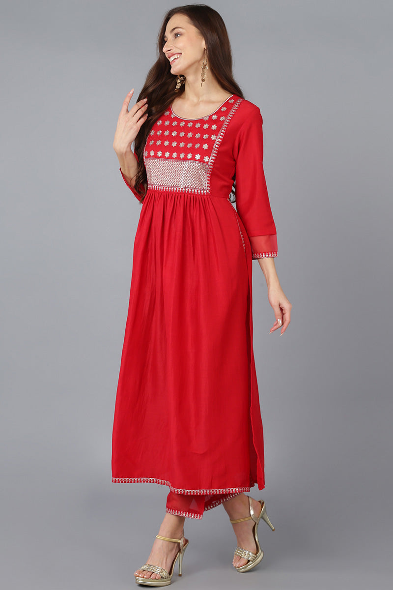 Red Silk Blend Solid Straight Kurta Trousers With Dupatta PKSKD1724