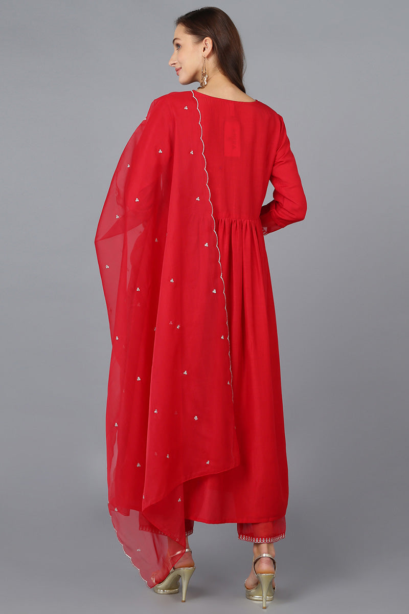 Red Silk Blend Solid Straight Kurta Trousers With Dupatta PKSKD1724