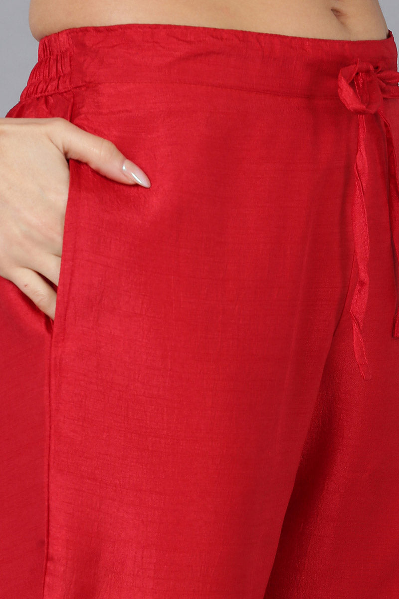 Red Silk Blend Solid Straight Kurta Trousers With Dupatta PKSKD1724