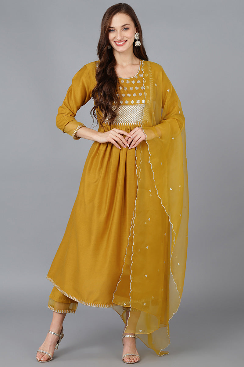 Mustard Silk Blend Solid A-Line Kurta Trousers With Dupatta PKSKD1734