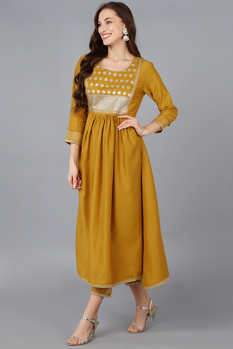 Mustard Silk Blend Solid A-Line Kurta Trousers With Dupatta PKSKD1734