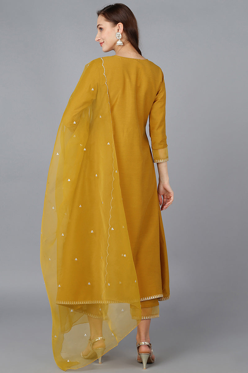 Mustard Silk Blend Solid A-Line Kurta Trousers With Dupatta PKSKD1734