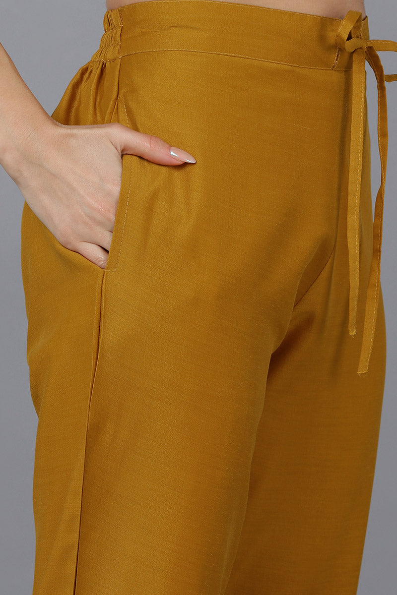 Mustard Silk Blend Solid A-Line Kurta Trousers With Dupatta PKSKD1734
