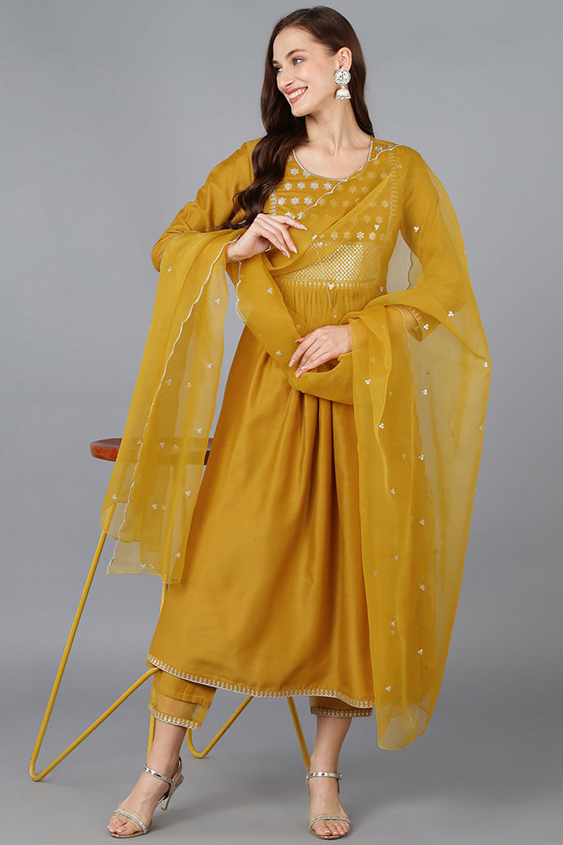Mustard Silk Blend Solid A-Line Kurta Trousers With Dupatta PKSKD1734