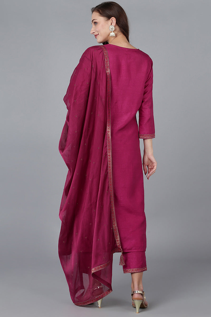 Red Viscose Rayon Solid Straight Kurta Trousers With Dupatta