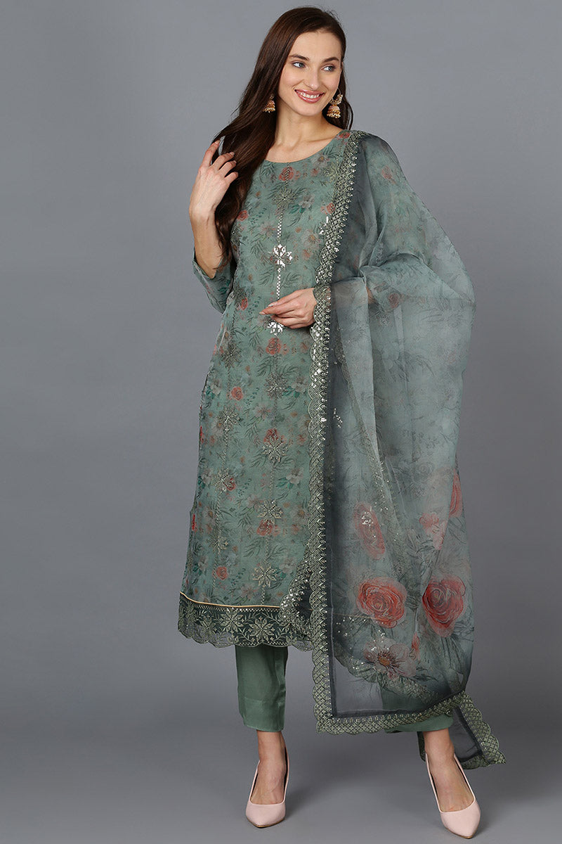 Green Organza Floral Straight Kurta Trousers With Dupatta
