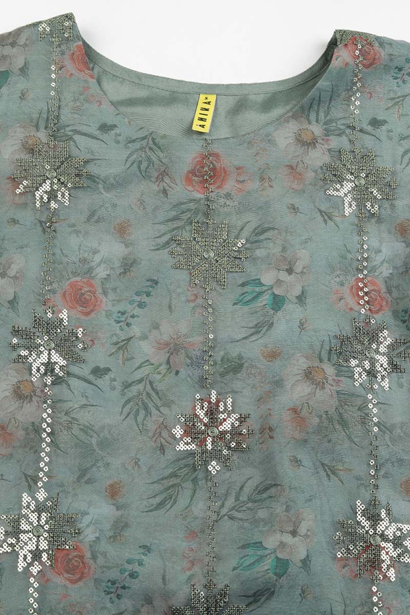 Green Organza Floral Straight Kurta Trousers With Dupatta