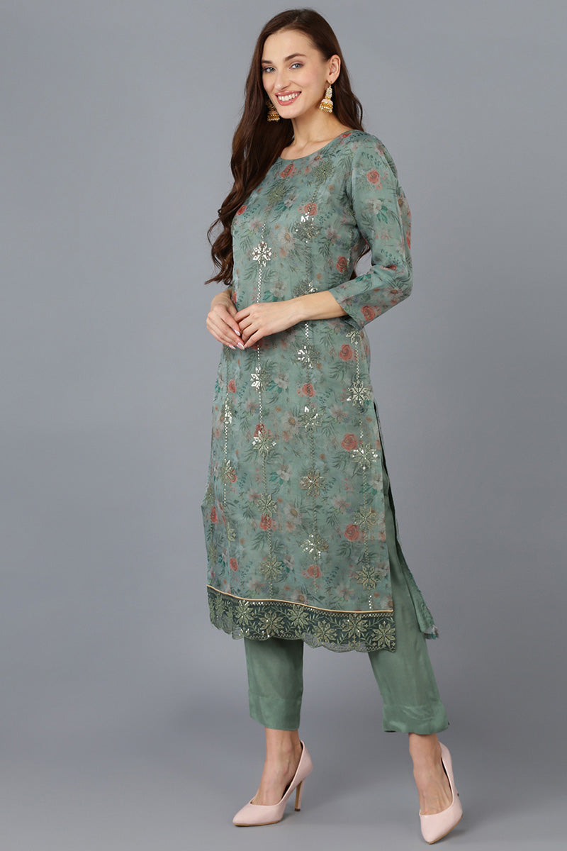 Green Organza Floral Straight Kurta Trousers With Dupatta