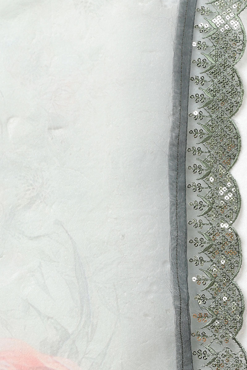 Green Organza Floral Straight Kurta Trousers With Dupatta