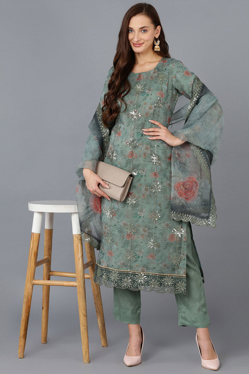 Green Organza Floral Straight Kurta Trousers With Dupatta