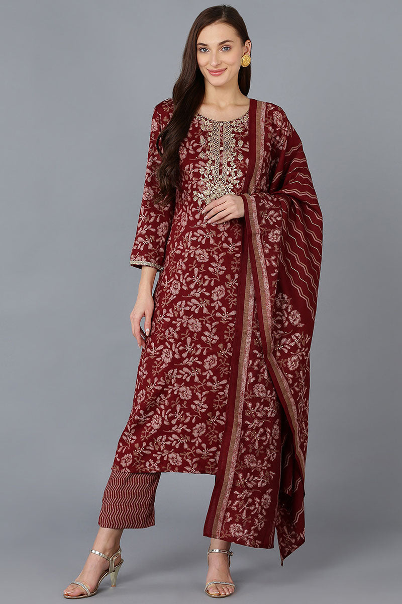 Maroon Silk Blend Floral Straight Kurta Trousers With Dupatta PKSKD1744