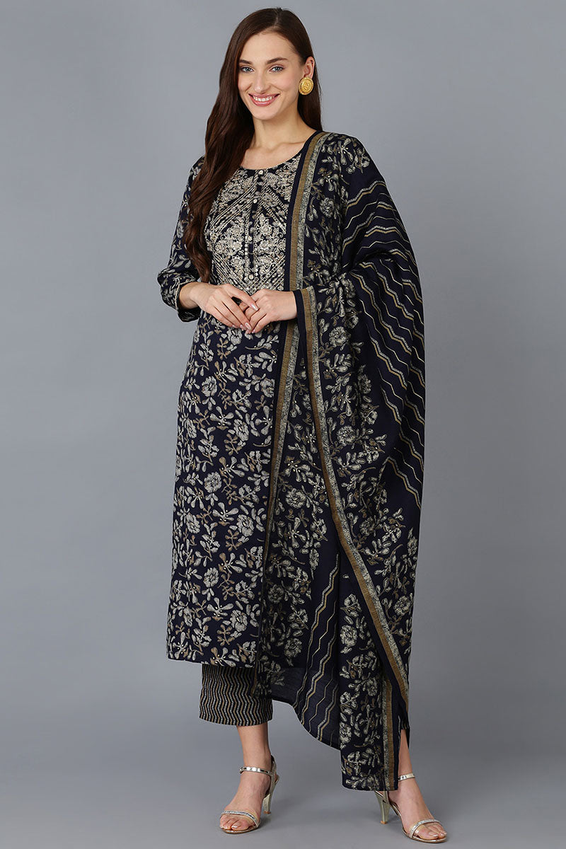 Black Silk Blend Floral Straight Kurta Trousers With Dupatta