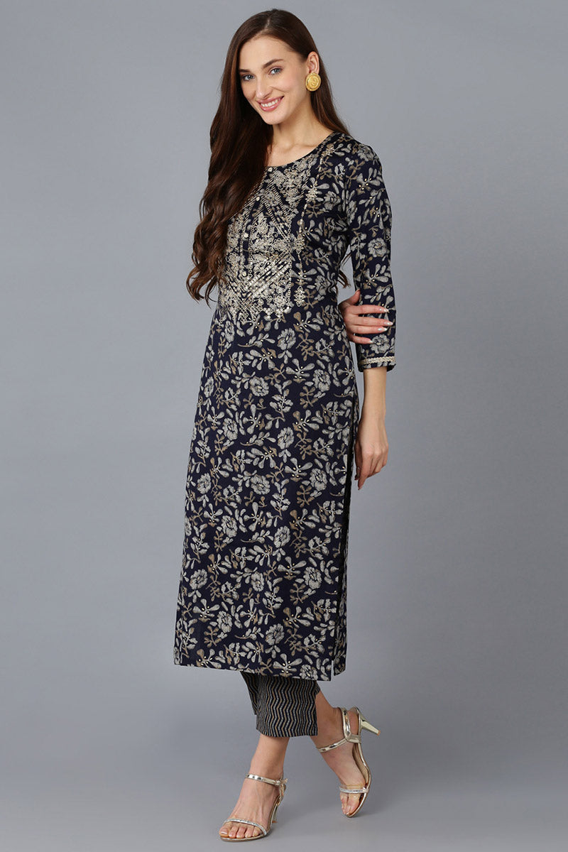 Black Silk Blend Floral Straight Kurta Trousers With Dupatta