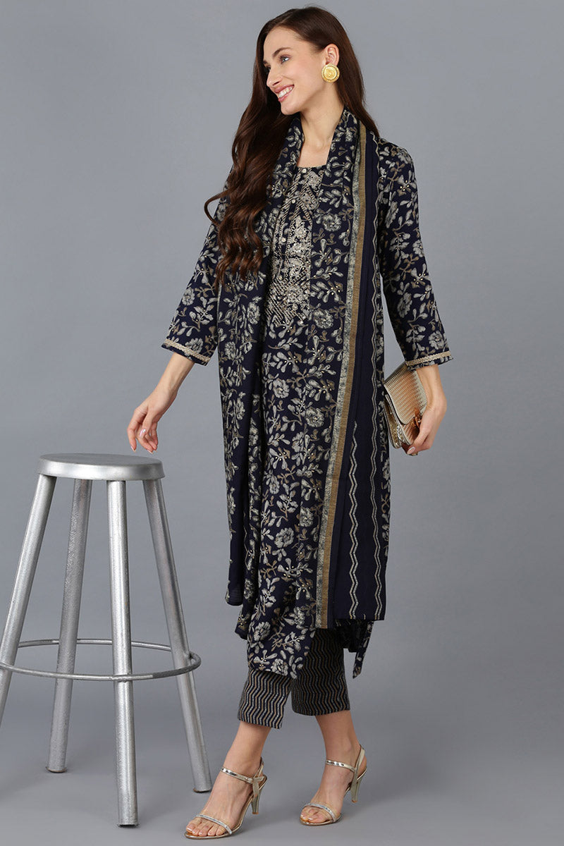 Black Silk Blend Floral Straight Kurta Trousers With Dupatta
