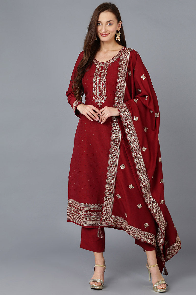 Maroon Silk Blend Solid Straight Kurta Trousers With Dupatta PKSKD1758