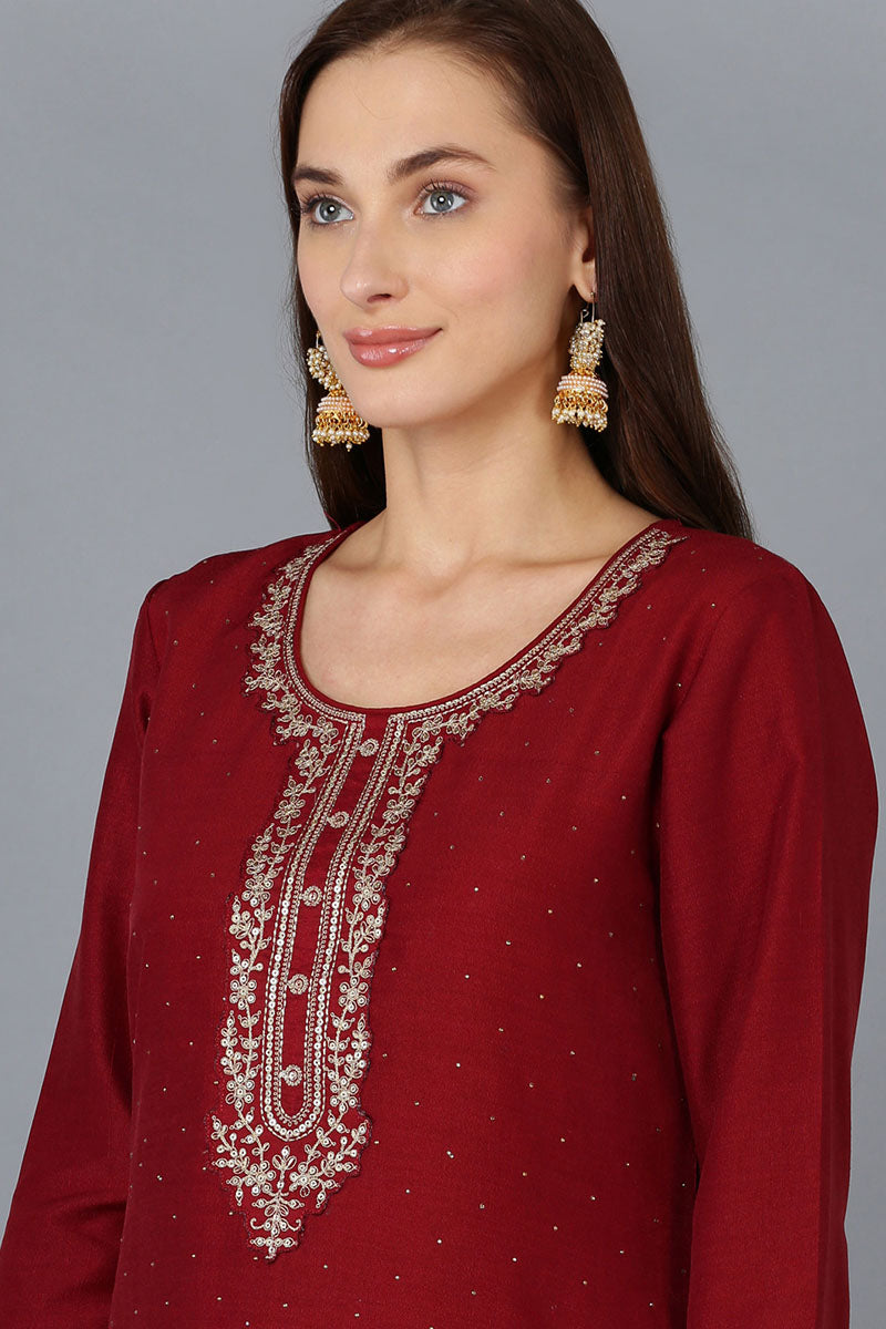 Maroon Silk Blend Solid Straight Kurta Trousers With Dupatta PKSKD1758