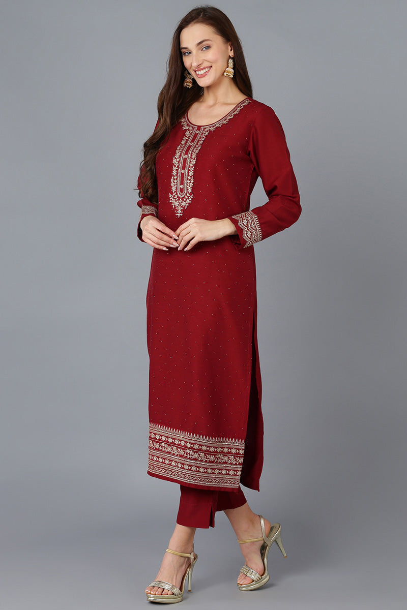 Maroon Silk Blend Solid Straight Kurta Trousers With Dupatta PKSKD1758