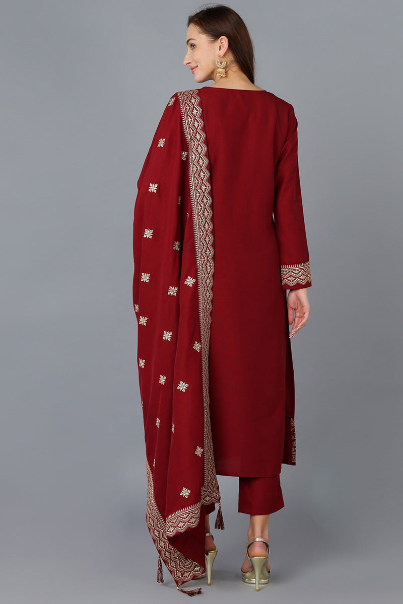 Maroon Silk Blend Solid Straight Kurta Trousers With Dupatta PKSKD1758