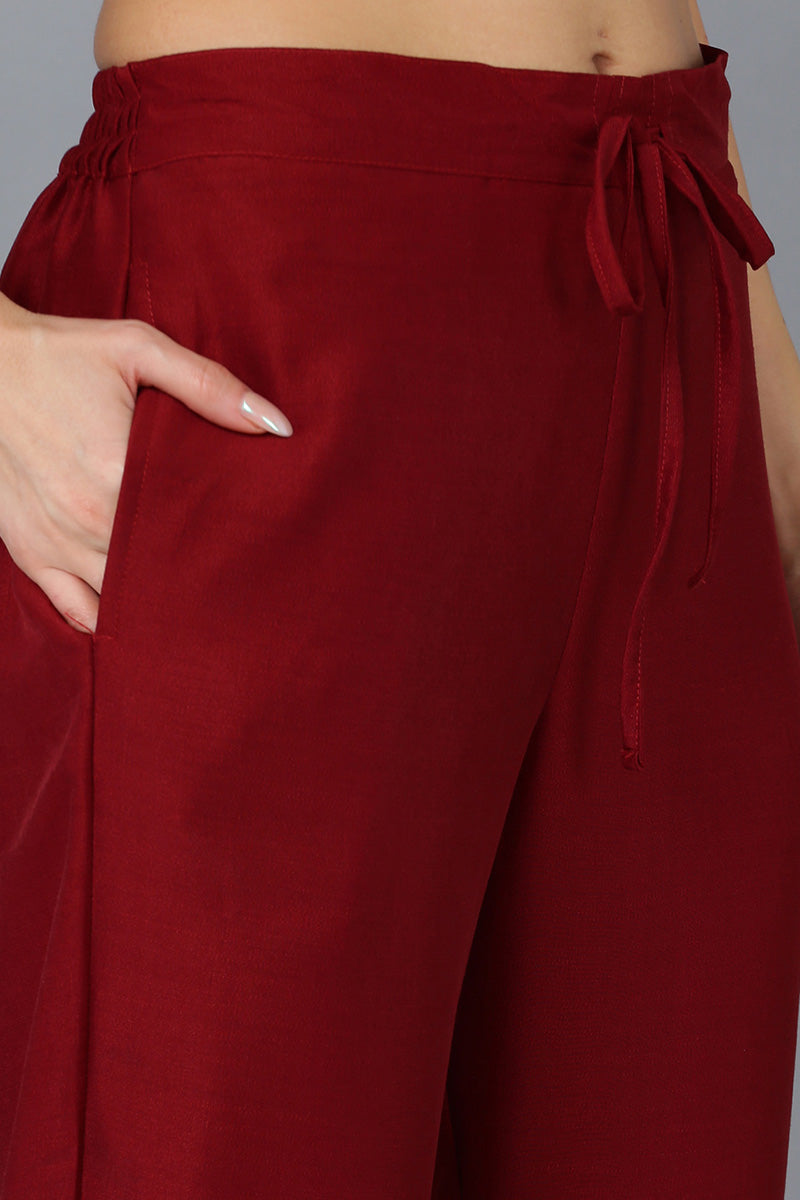Maroon Silk Blend Solid Straight Kurta Trousers With Dupatta PKSKD1758