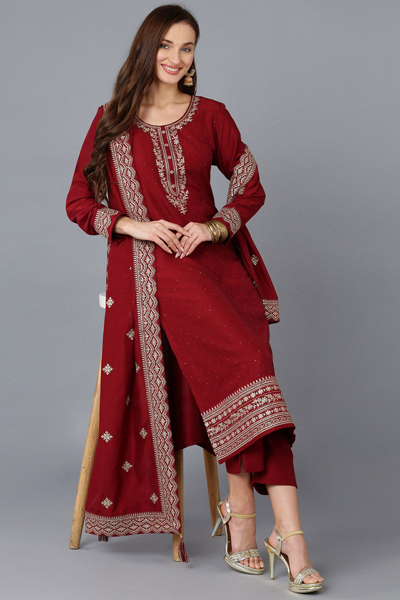 Maroon Silk Blend Solid Straight Kurta Trousers With Dupatta PKSKD1758