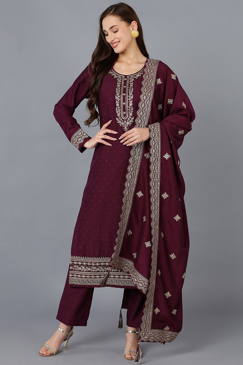 Burgundy Silk Blend Solid Straight Kurta Trousers With Dupatta PKSKD1759