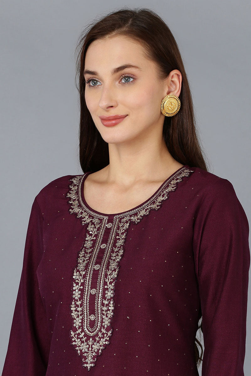 Burgundy Silk Blend Solid Straight Kurta Trousers With Dupatta PKSKD1759